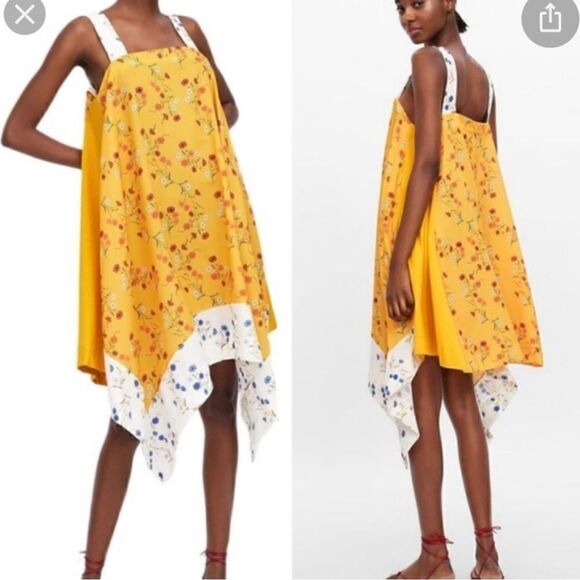 Zara Dresses & Skirts - Zara Floral Square Neck Handkerchief Hem Yellow Swing Midi Dress